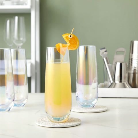 Sparkle and Bash iridescent stemless flute ideal for mimosa service at celebrations.
