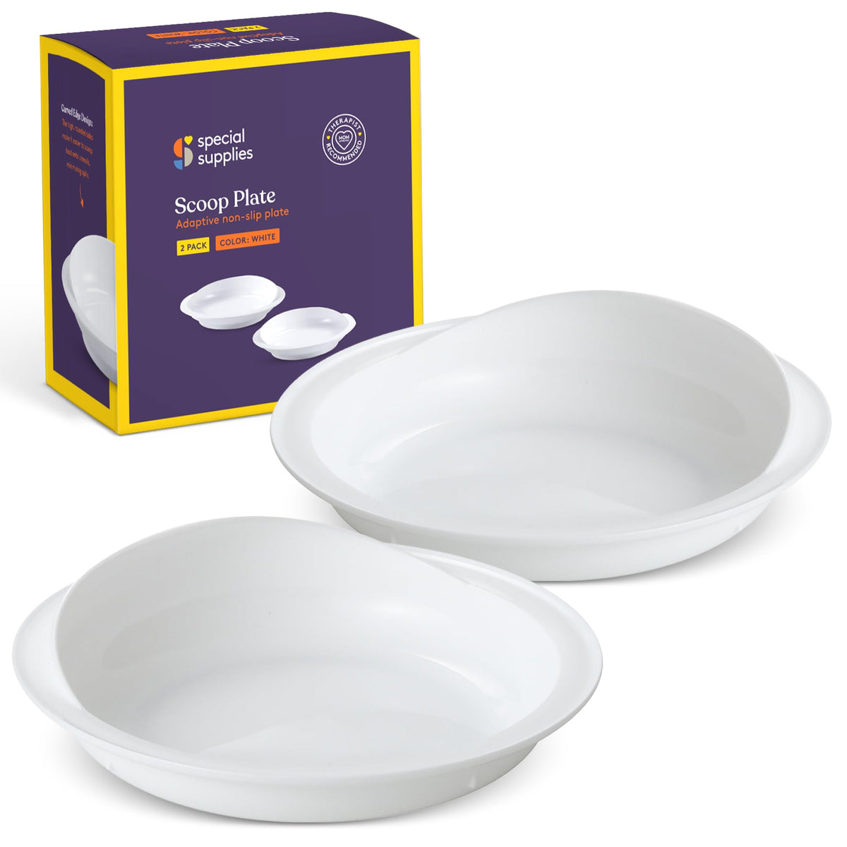 Special Supplies adaptive scoop plate 2-pack, top view, promotes independent eating.