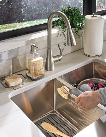 Spectrum Cora sink mat measures 12.75in L x 11.25in W for compact spaces
