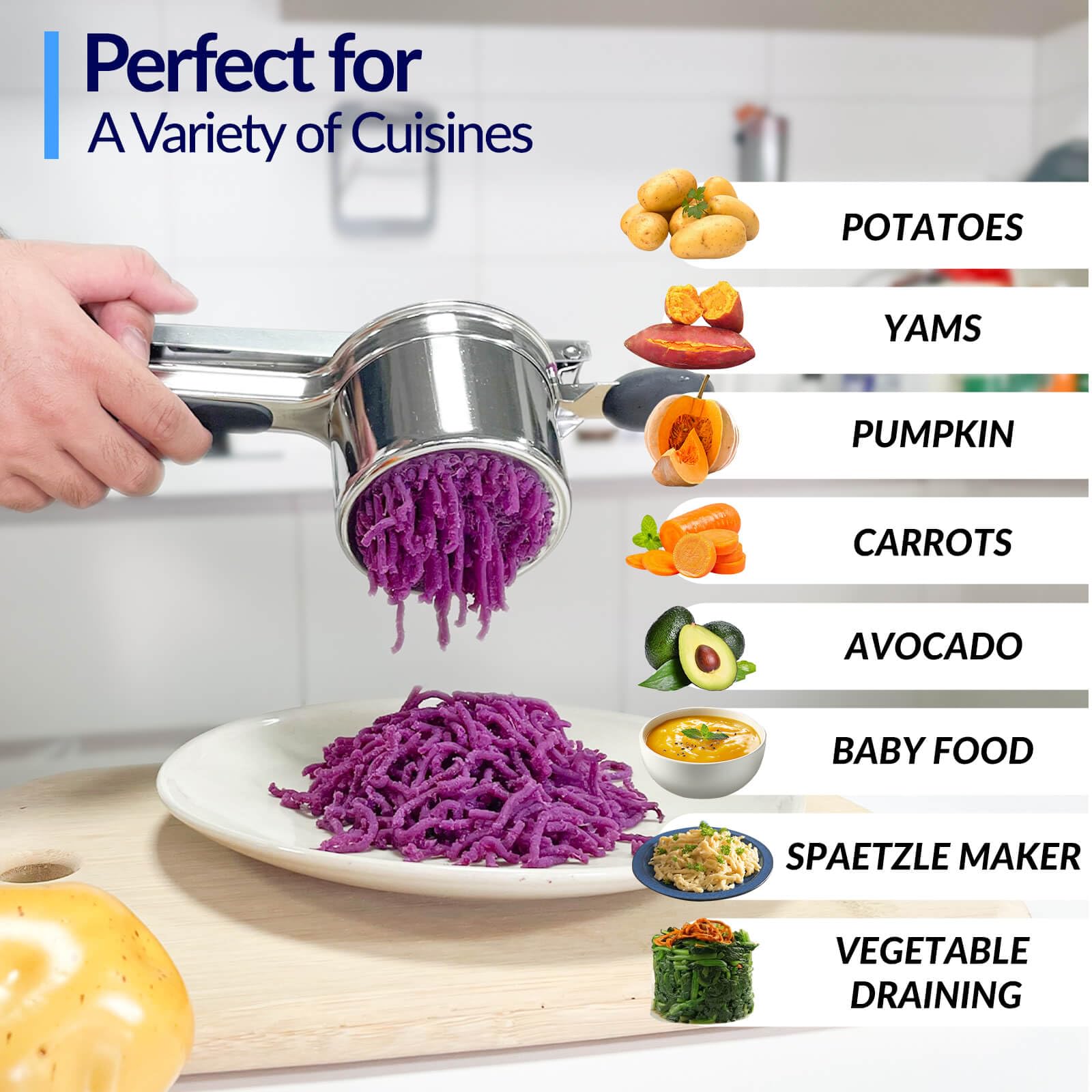 Speensun ricer doubles as a vegetable drainer for gentle prep