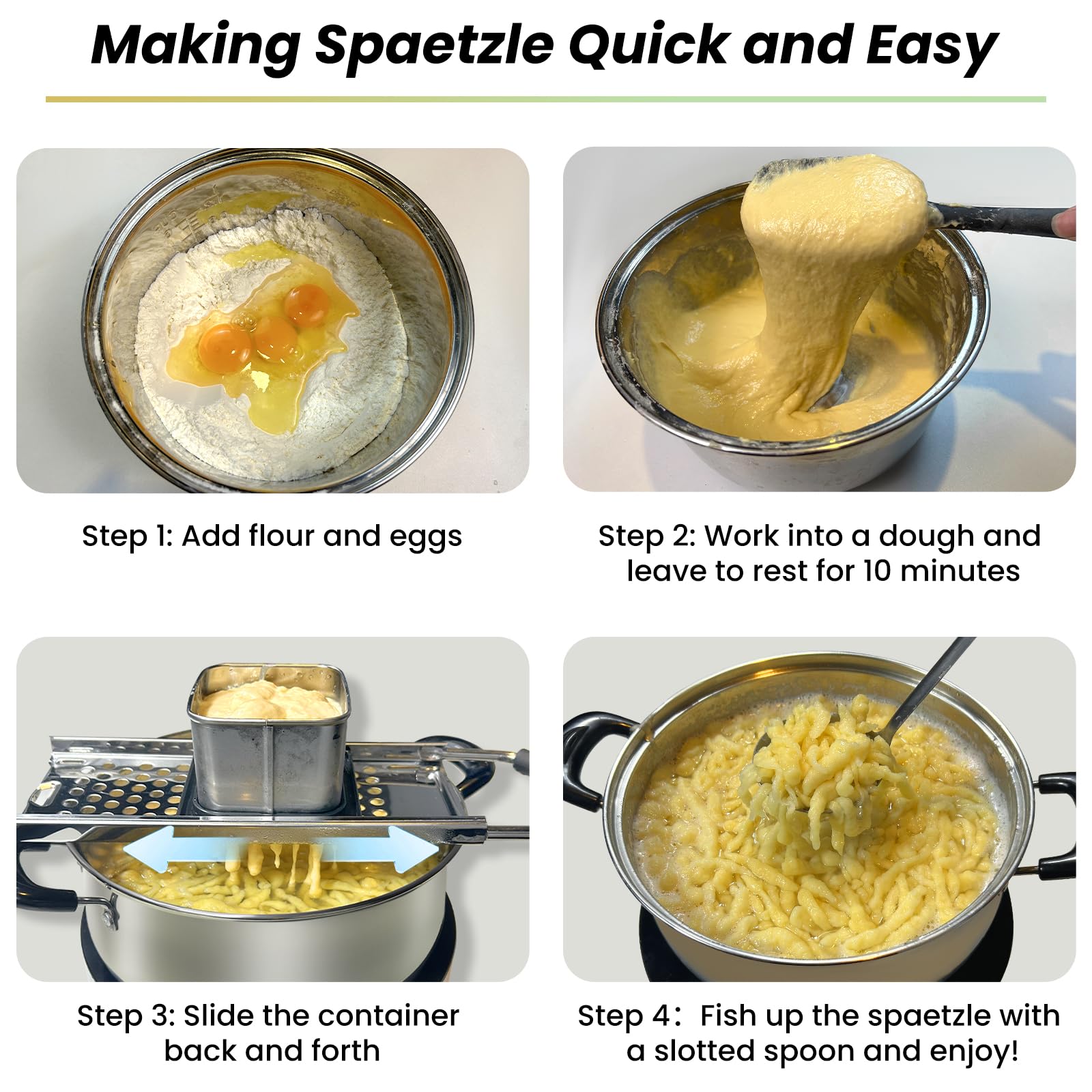 Pot-edge hook secures SPEENSUN spaetzle maker on pots up to 30 cm