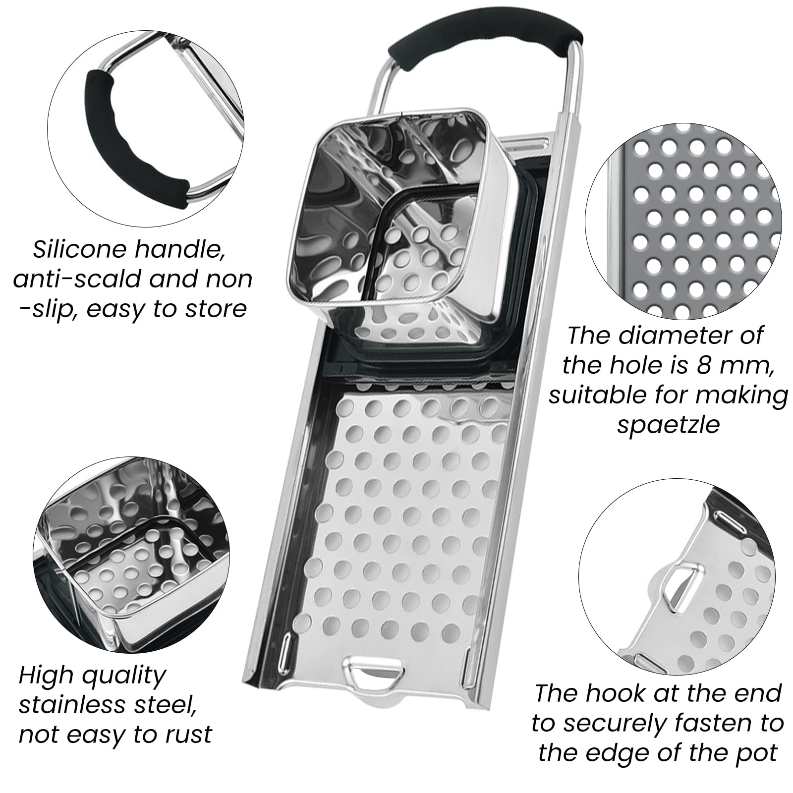 SPEENSUN Spaetzle Maker dough dispense area promoting smooth, mess-free transfer