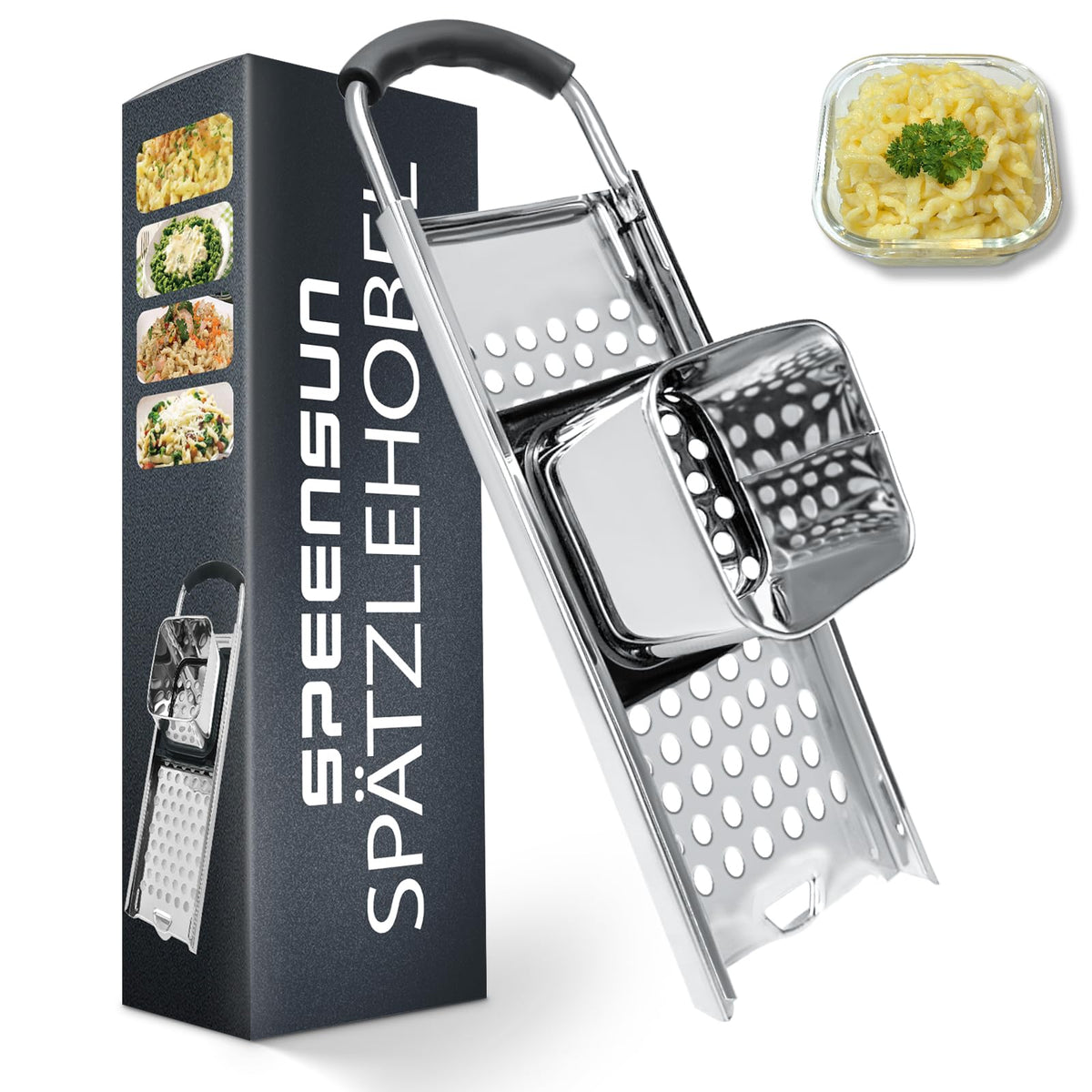 SPEENSUN Spaetzle Maker front view showing premium stainless steel design for easy noodles