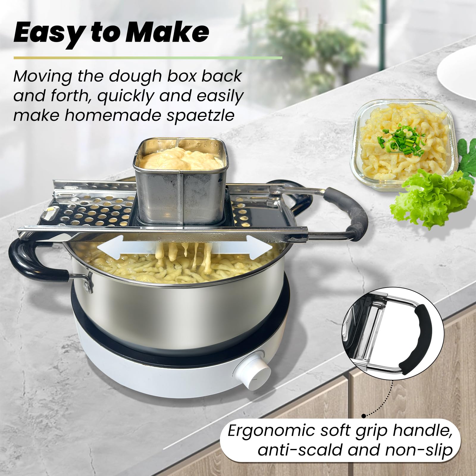 SPEENSUN Spaetzle Maker side handle highlighting comfortable grip for pressing
