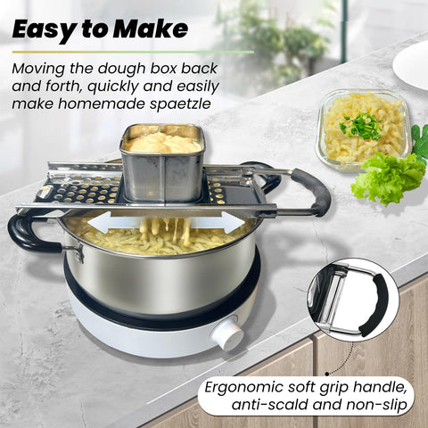 SPEENSUN Spaetzle Maker side handle highlighting comfortable grip for pressing