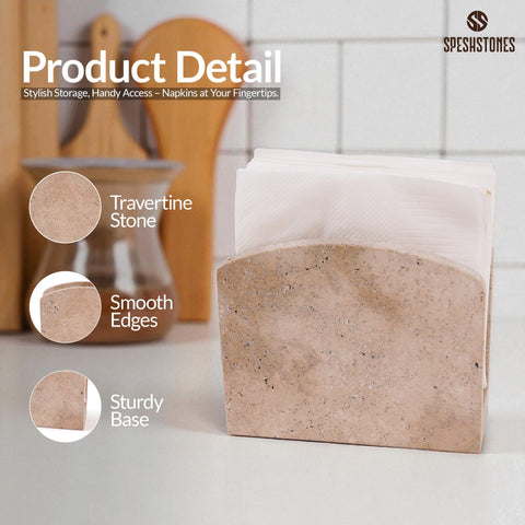 SPESHSTONES bathroom vanity setup uses travertine holder for tidy tissues