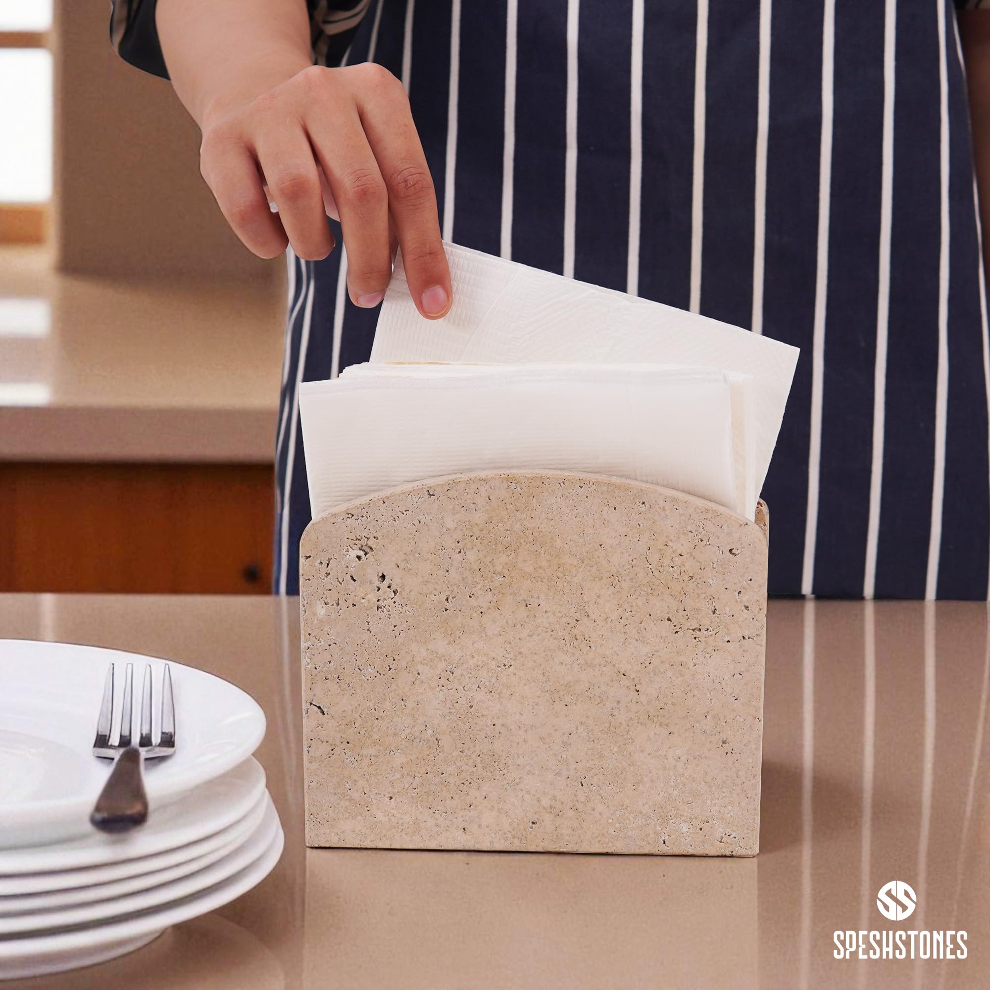 SPESHSTONES on coffee bar adds modern farmhouse decor with accessible napkin storage