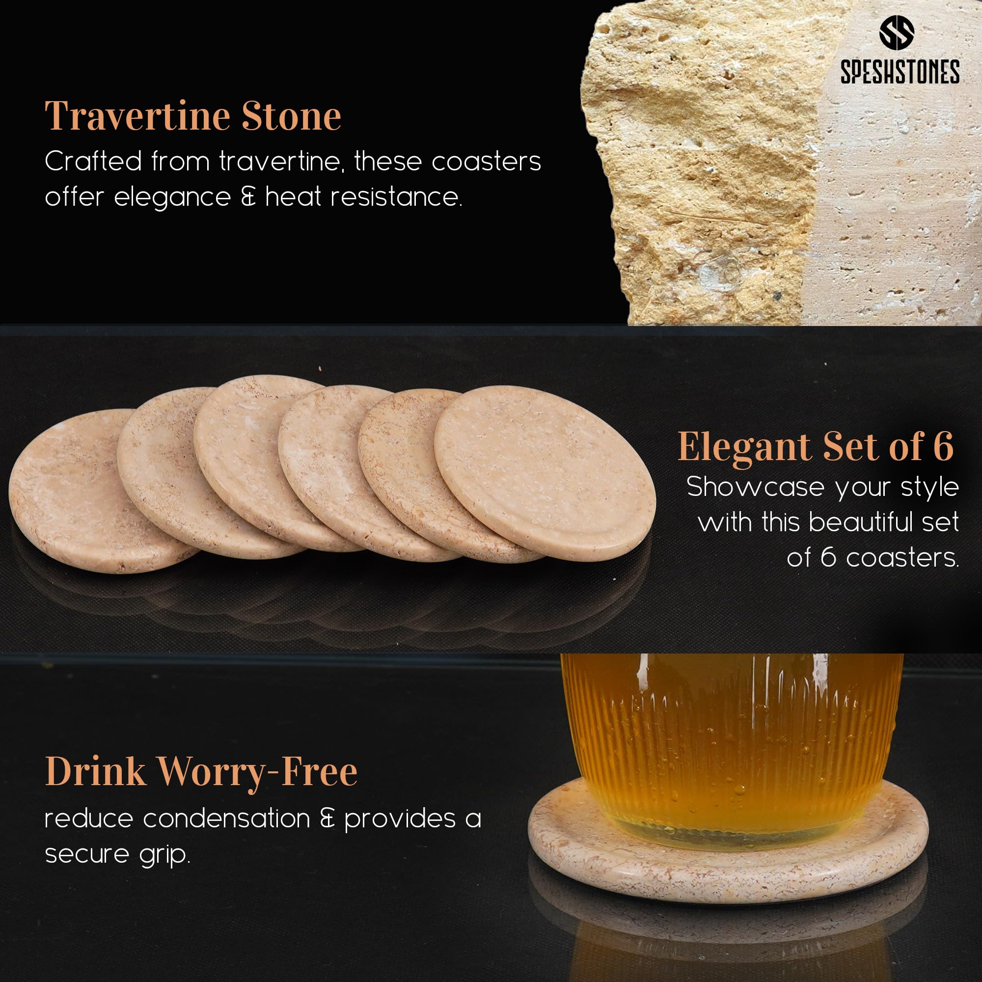 SPESHSTONES round coaster on table highlights elegant matte travertine finish.