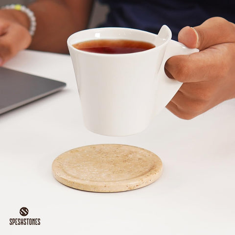 SPESHSTONES travertine coaster packaging signals secure, gift-ready presentation.