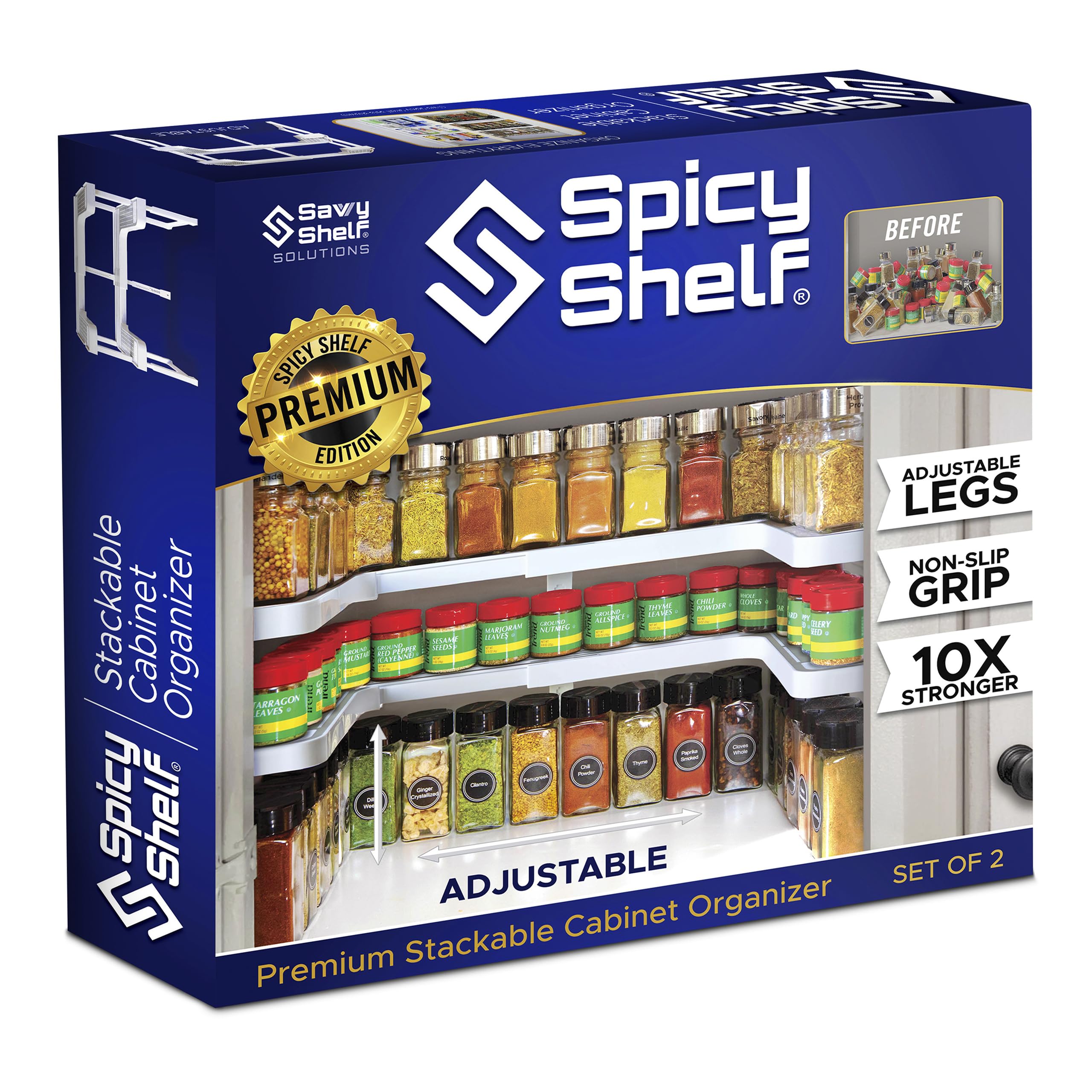 Spicy Shelf 3.0 extendable spice rack keeps bottles organized and visible.