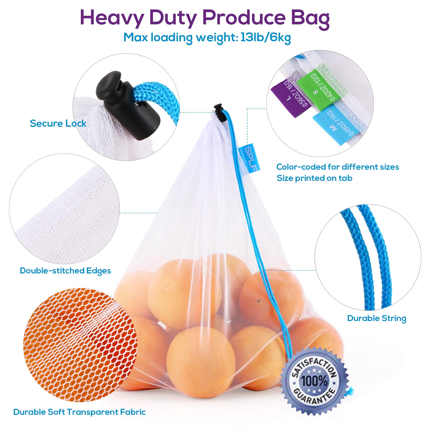 SPLF large 12x17 mesh bag sturdy for fruits and bulk items.
