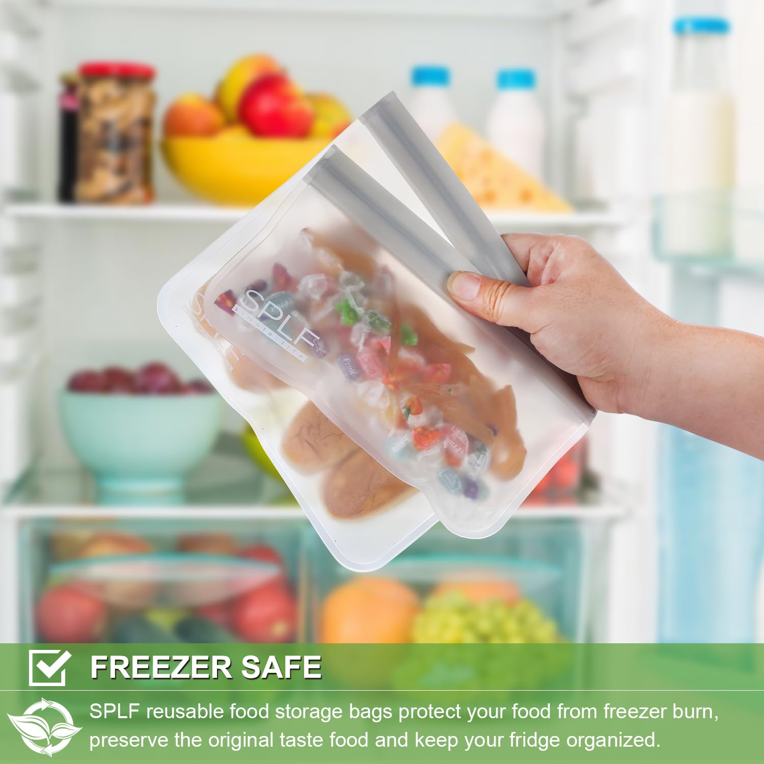 SPLF reusable bags used for meat marinade and fruit storage