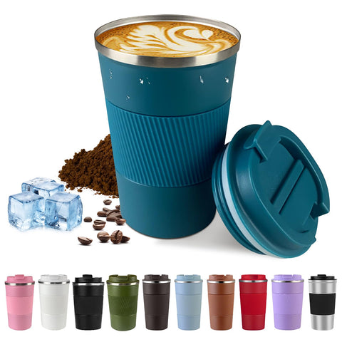 SPLMIFA blue 17oz travel mug with lid on, leak-proof for travel