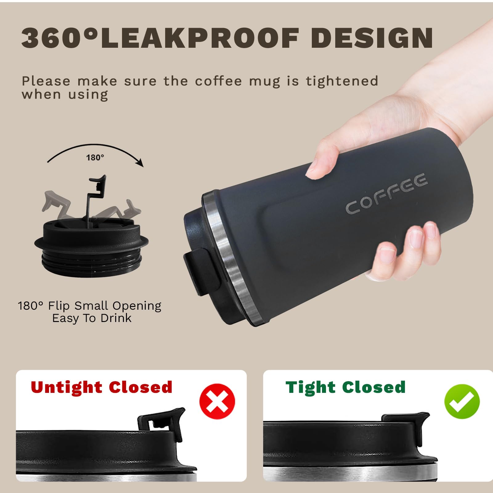 SPLMIFA flip-open lid on travel mug with drink hole for easy sipping.