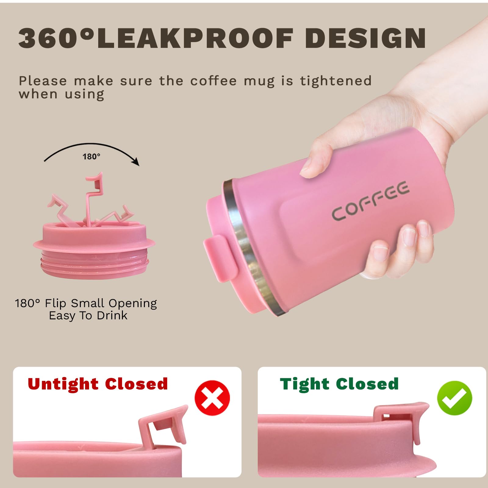SPLMIFA pink mug with one-hand flip-open lid and spill-proof seal.