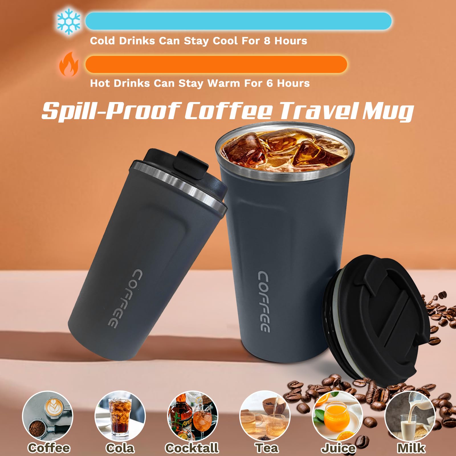 SPLMIFA 12oz insulated travel mug showing sleek stainless steel finish.