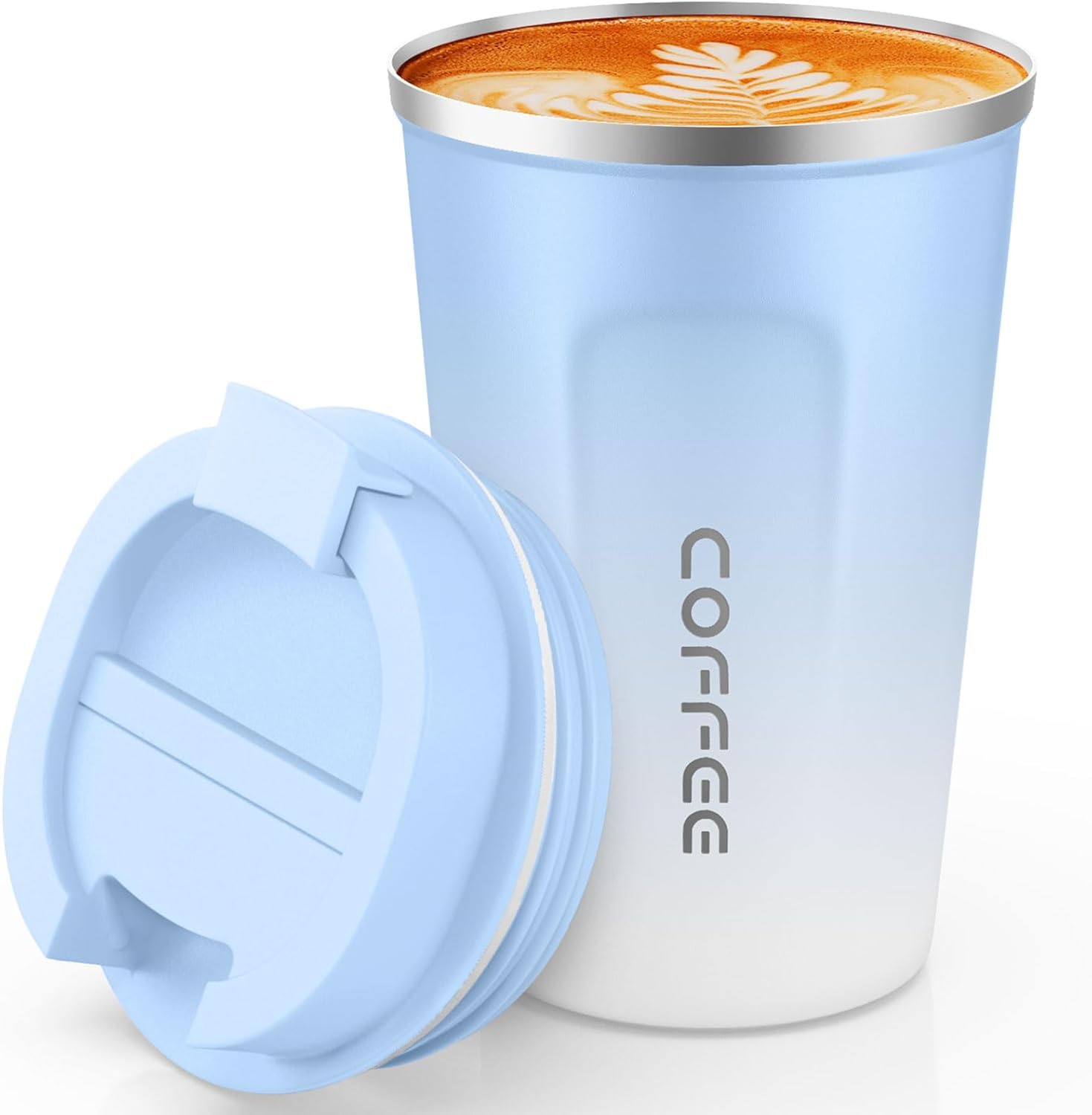 SPLMIFA travel mug in blue and white 17oz shown for hot or cold beverages on the go.