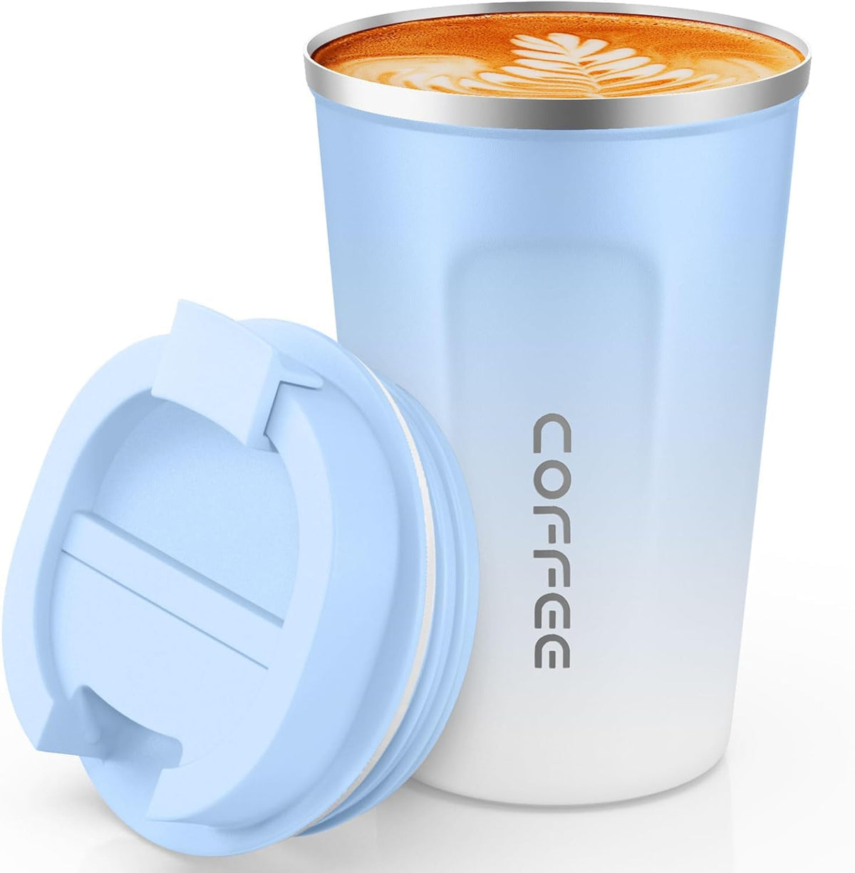 SPLMIFA travel mug in blue and white 17oz shown for hot or cold beverages on the go.