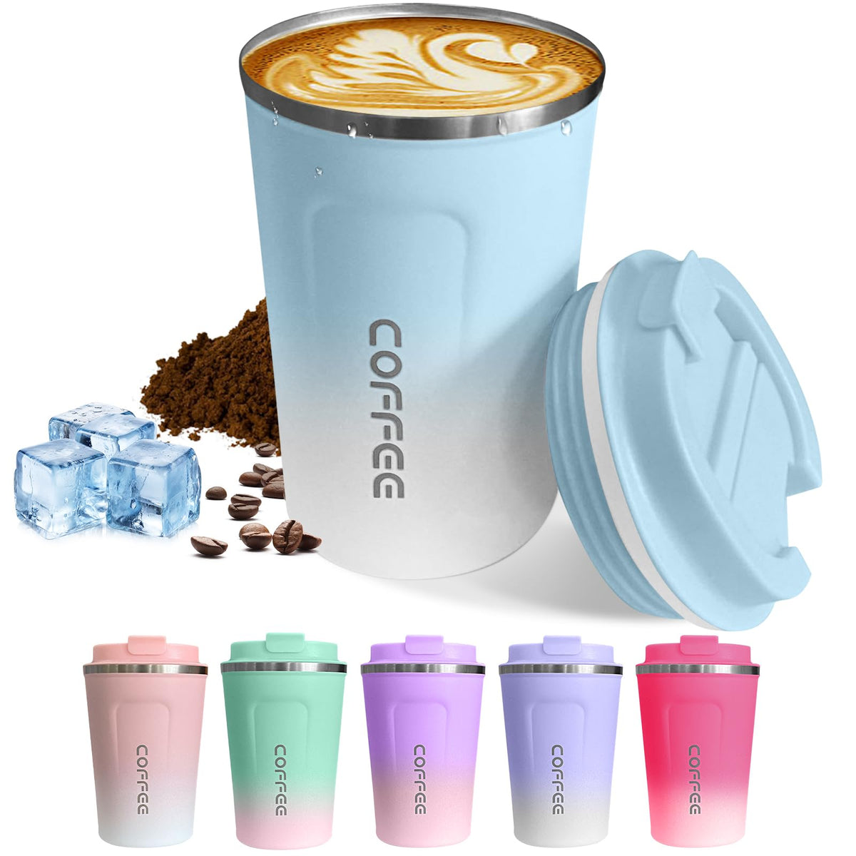 SPLMIFA travel mug blue-white leakproof lid for on-the-go hot drinks