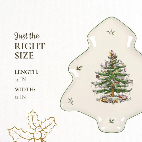 Spode 14-inch tree-shaped platter suitable for appetizers, sides, or desserts.