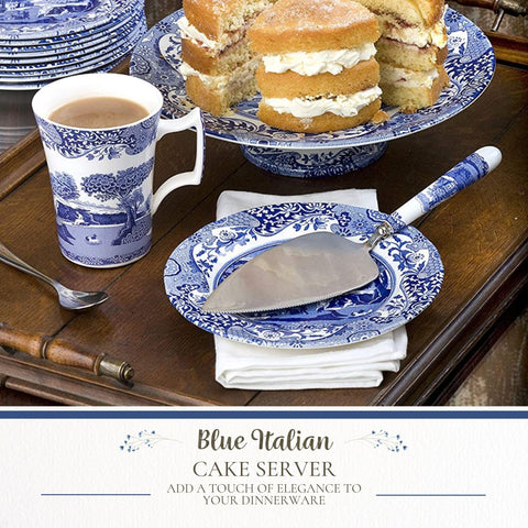 Spode Blue Italian cake server pattern detail, intricate oriental motifs for refined entertaining.