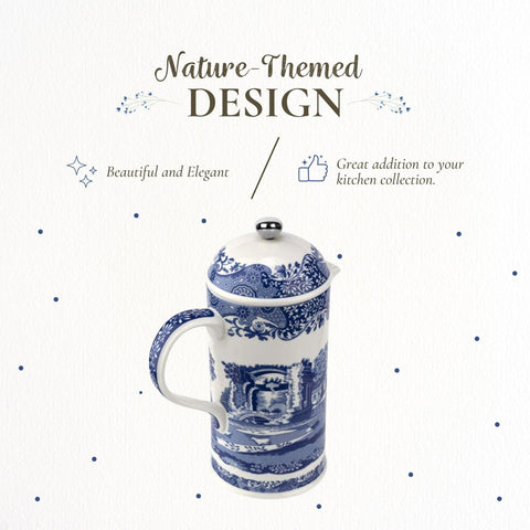 Spode Blue Italian French Press countryside scene enhances coffee station display