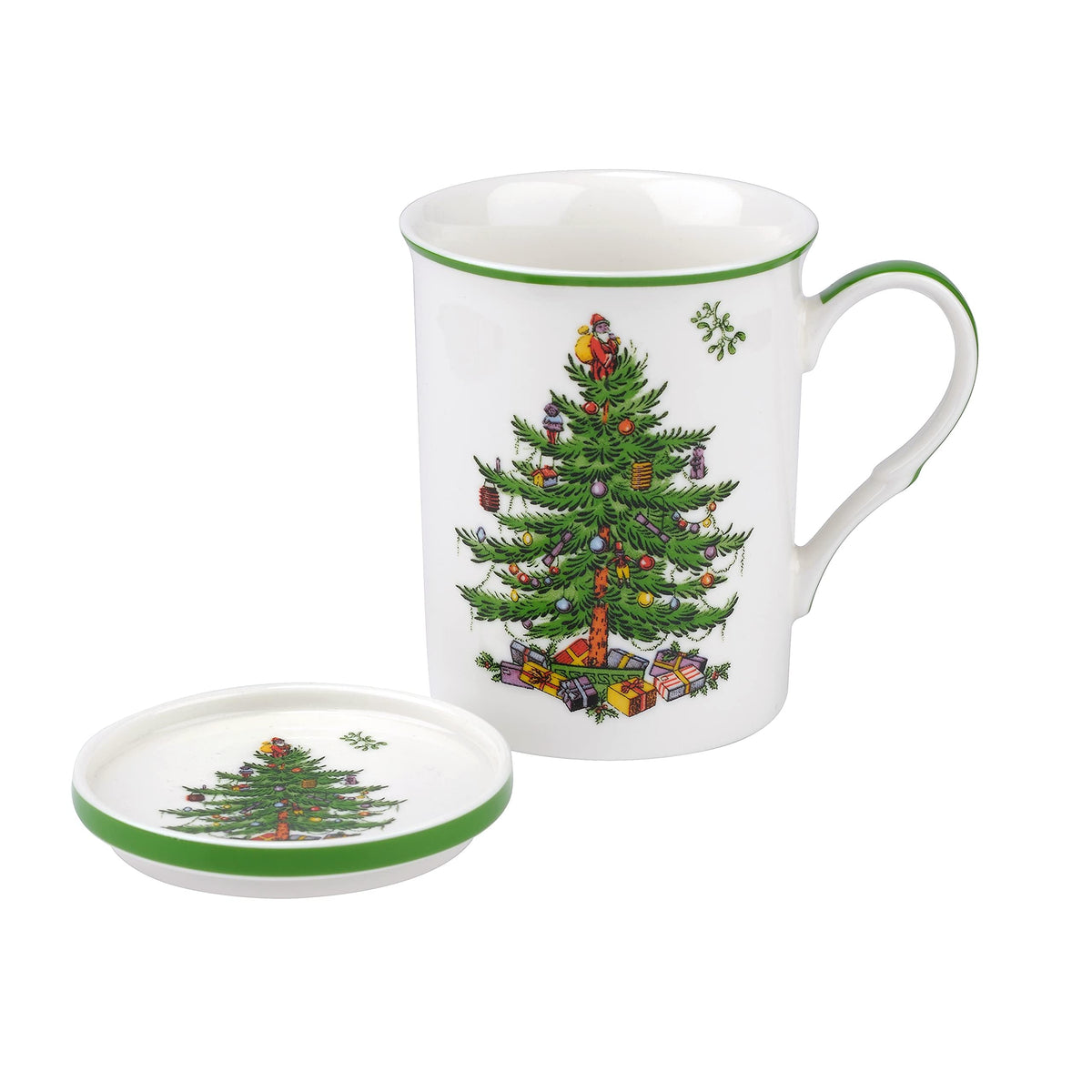 Spode Christmas Tree 12 oz mug with coaster for festive hot drinks.
