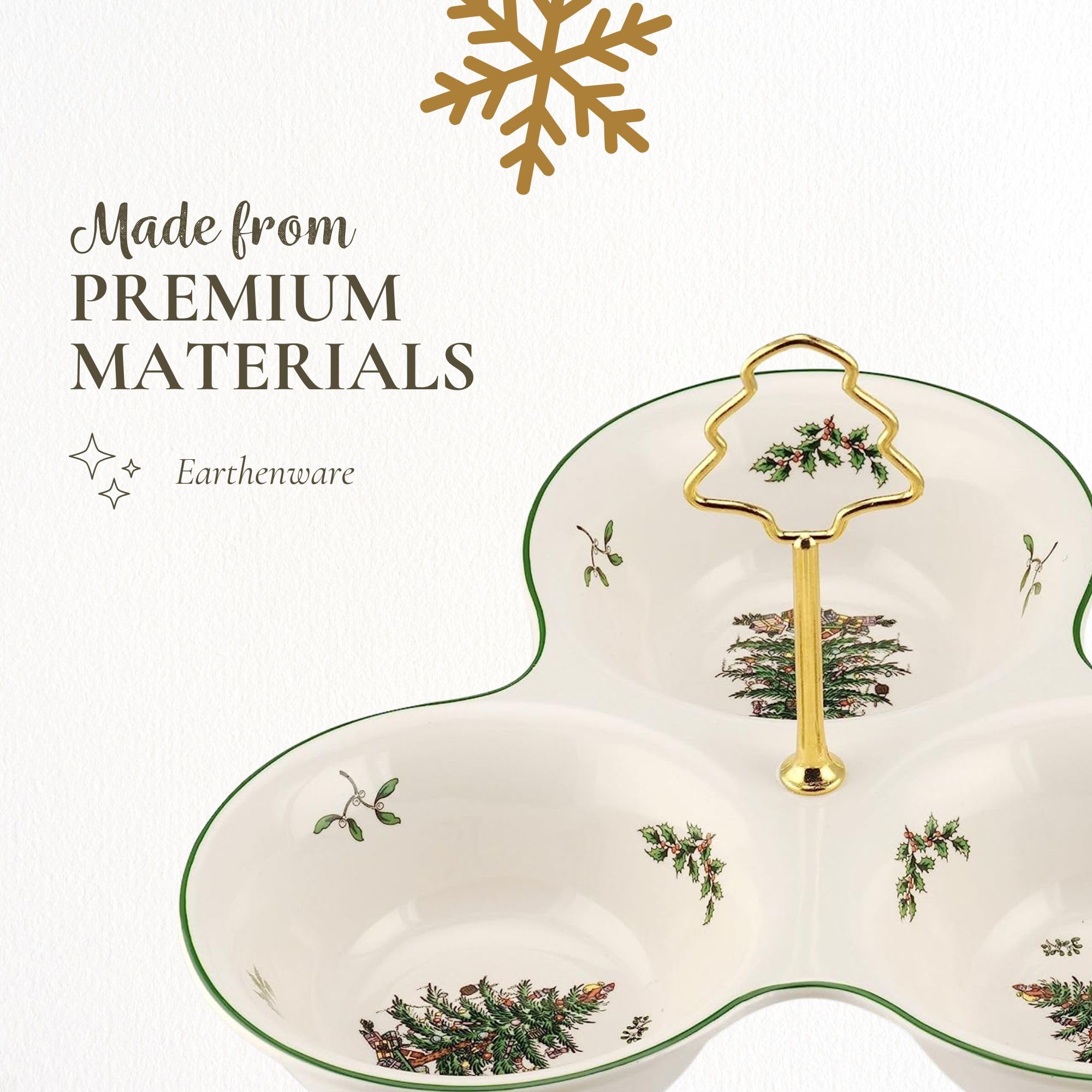 Spode porcelain 3-section tray adds festive charm to any Christmas table setting.