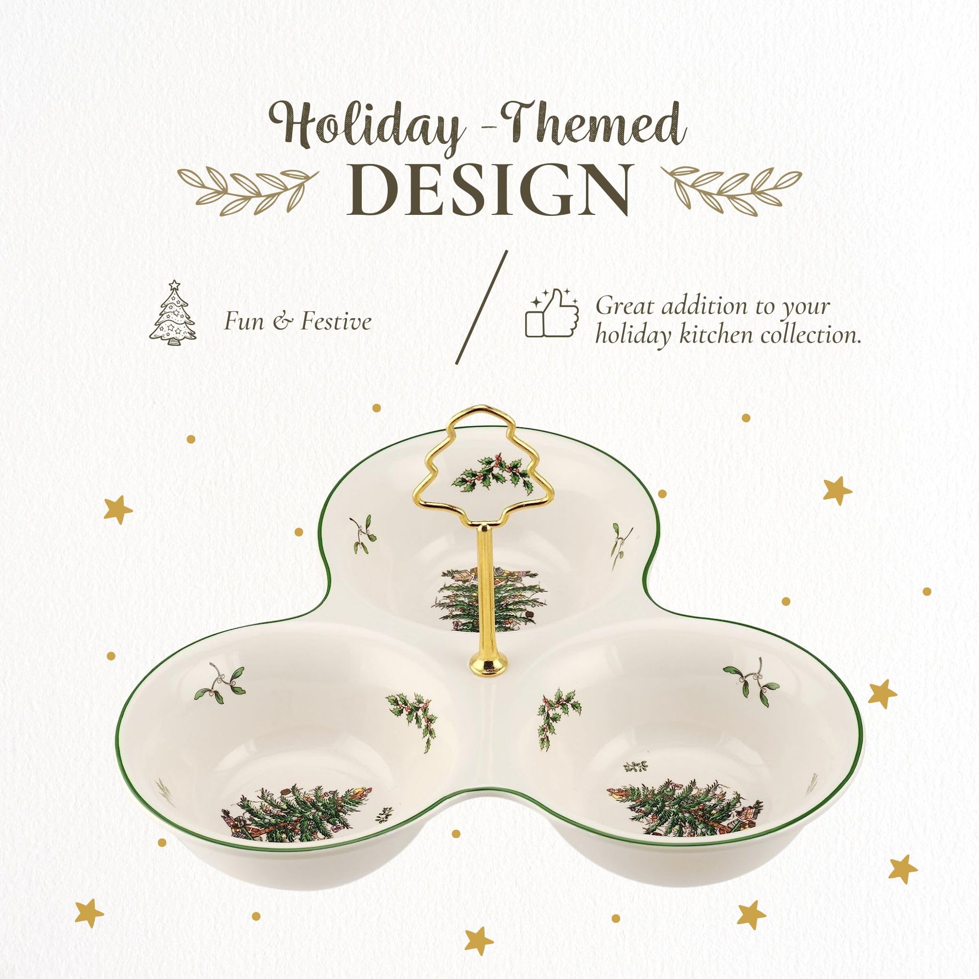 Spode Christmas Tree server shows elegant divided sections for versatile holiday snacking.