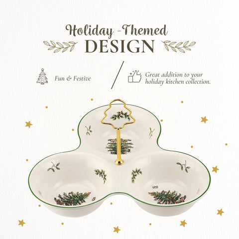 Spode Christmas Tree server shows elegant divided sections for versatile holiday snacking.