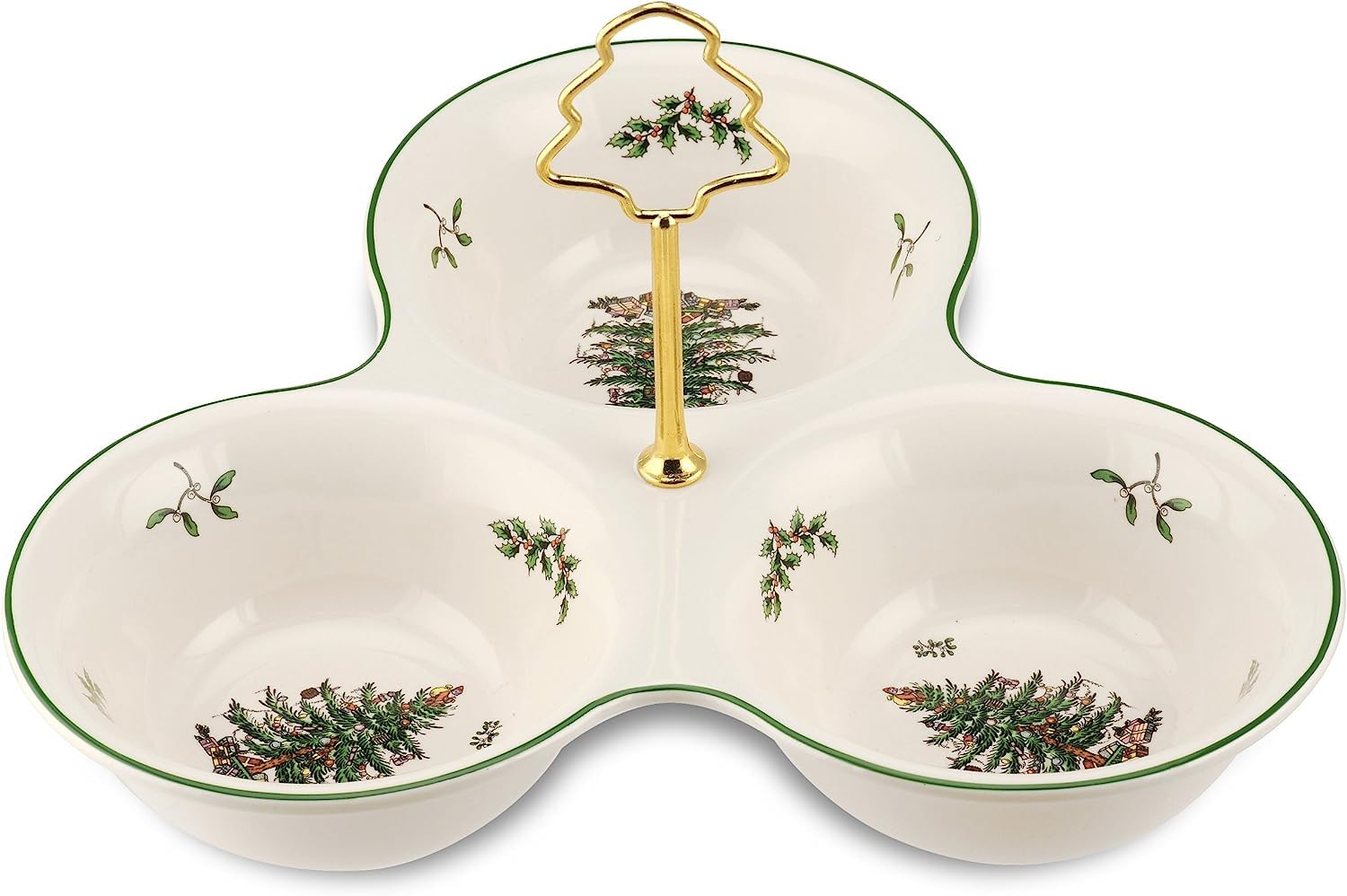 Spode Christmas Tree 3 Section Server with tree handle for festive serving and easy transport.