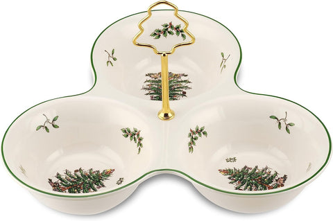Spode Christmas Tree 3 Section Server with tree handle for festive serving and easy transport.