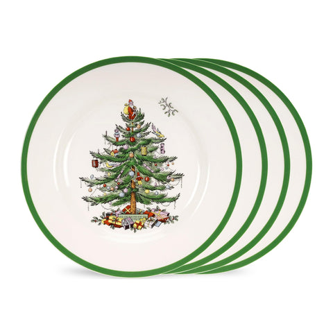 Spode Christmas Tree 7.25-inch salad plates set displayed for festive salads and cookies at gatherings.