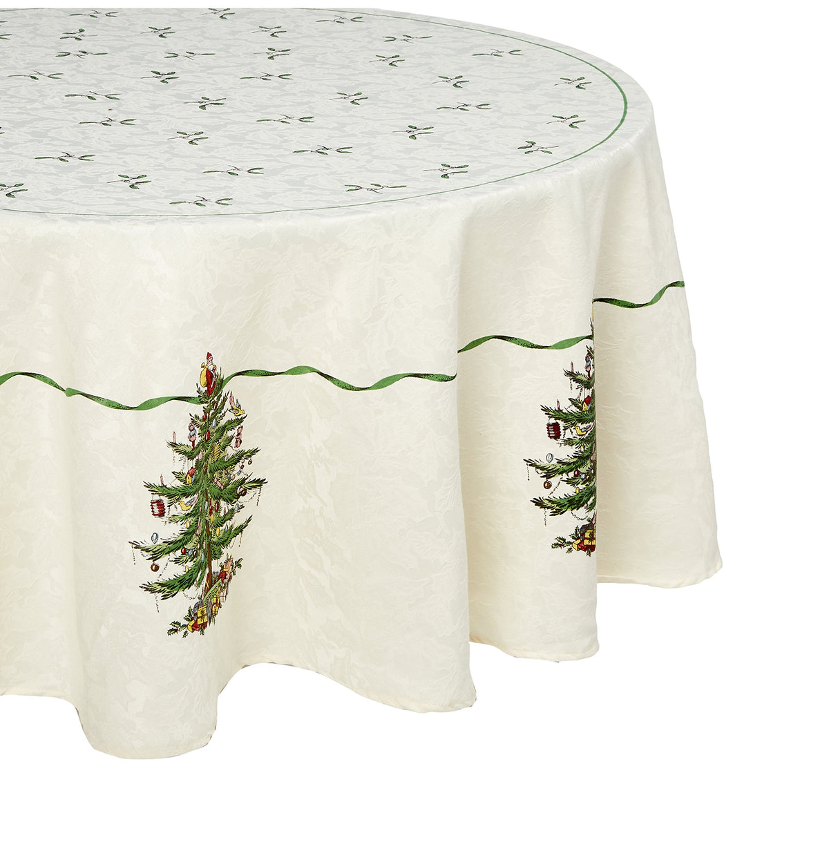 Spode Christmas Tree border tablecloth with holly leaves and green ribbon for festive gatherings.