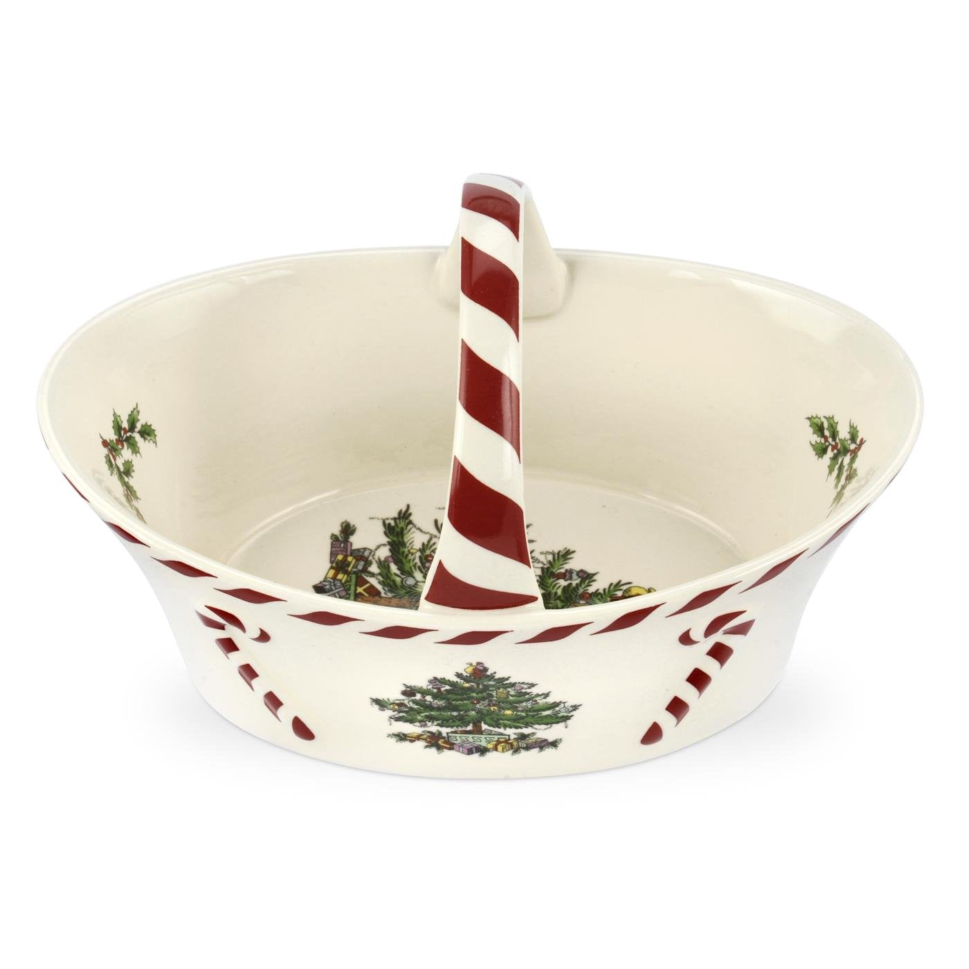 Spode Christmas Tree Candy Basket with peppermint handle on a festive table