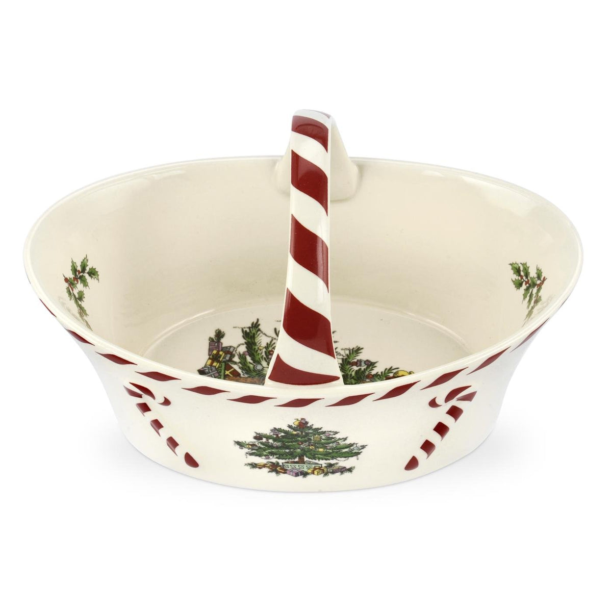 Spode Christmas Tree Candy Basket with peppermint handle on a festive table