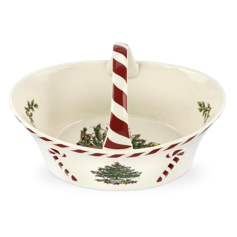 Spode Christmas Tree Candy Basket with peppermint handle on a festive table