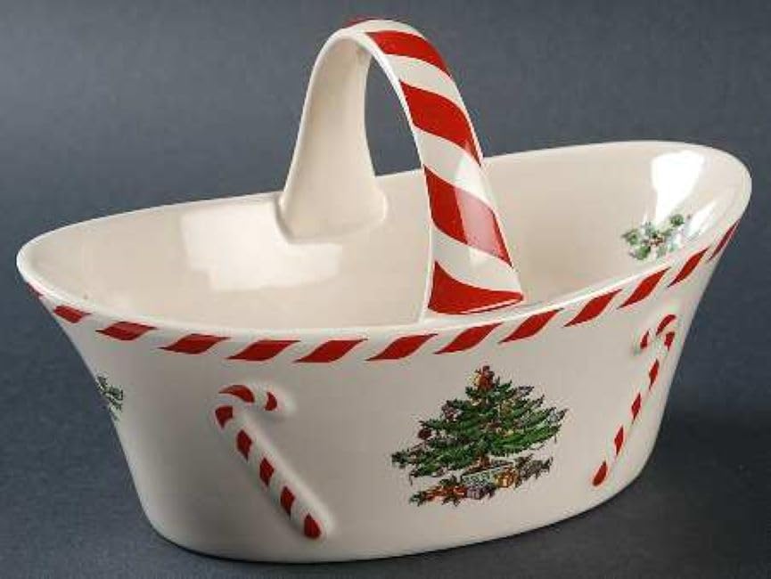 Spode Christmas Tree Candy Basket styled as a holiday centerpiece on a table