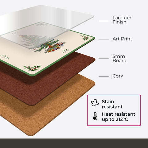 Spode Christmas Tree coasters and placemats create a coordinated festive tablescape.