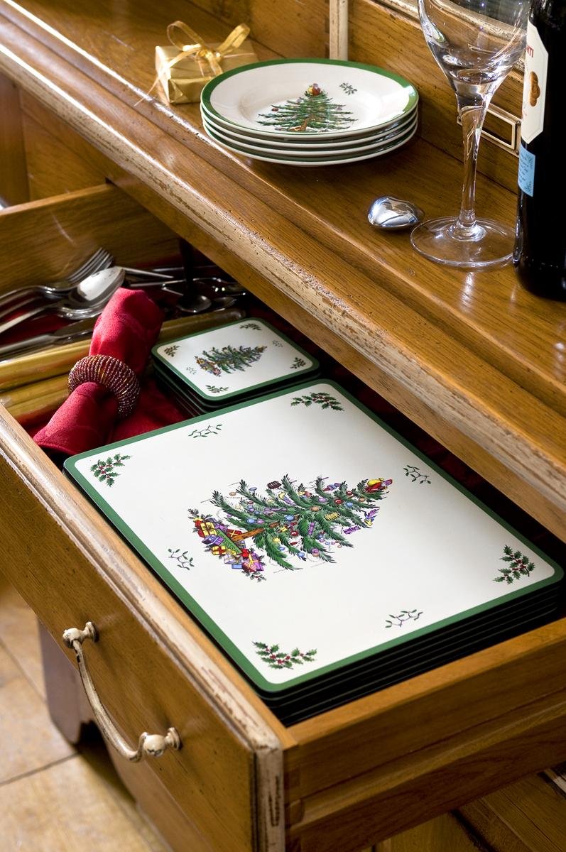 Spode Christmas Tree cork-back coaster protects surfaces from heat and scratches.