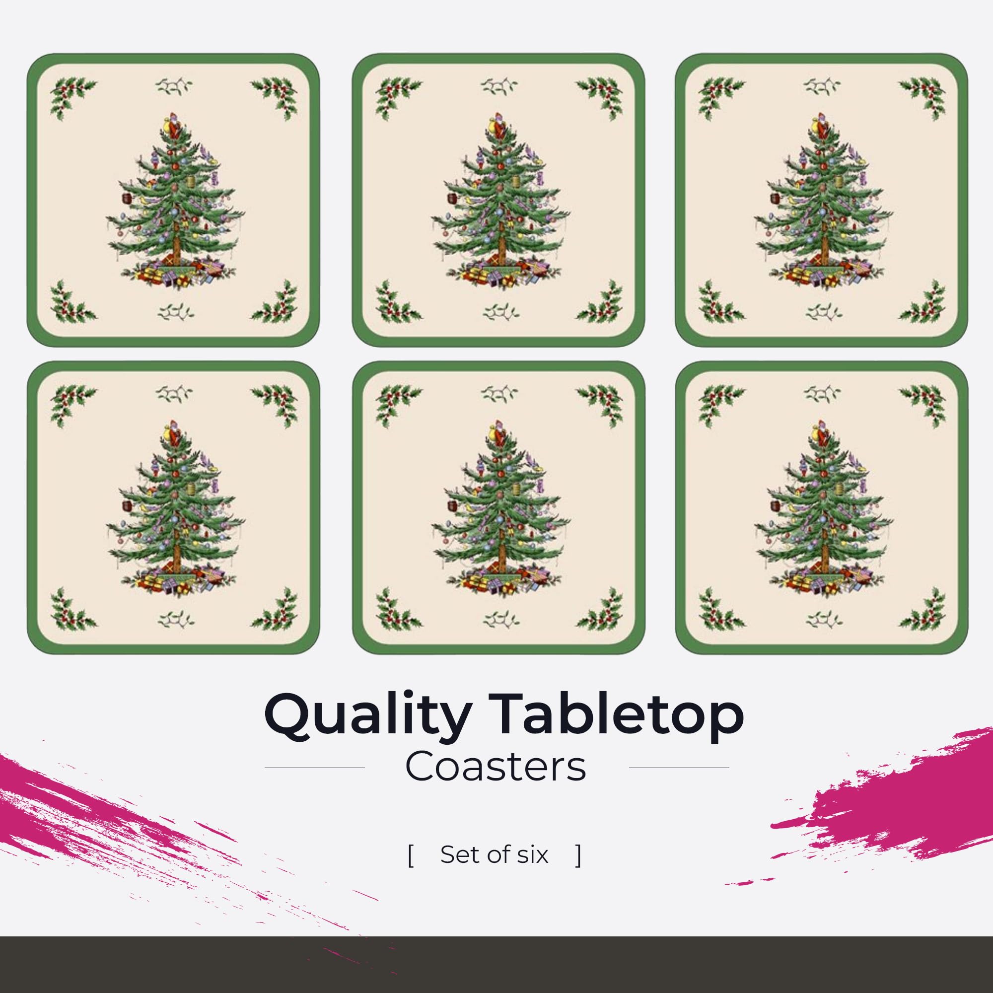 Spode Christmas Tree coaster demonstrates heat resistance for hot beverages.