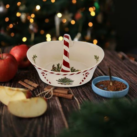 Spode Christmas Tree candy basket coordinating with dinnerware for cohesive styling