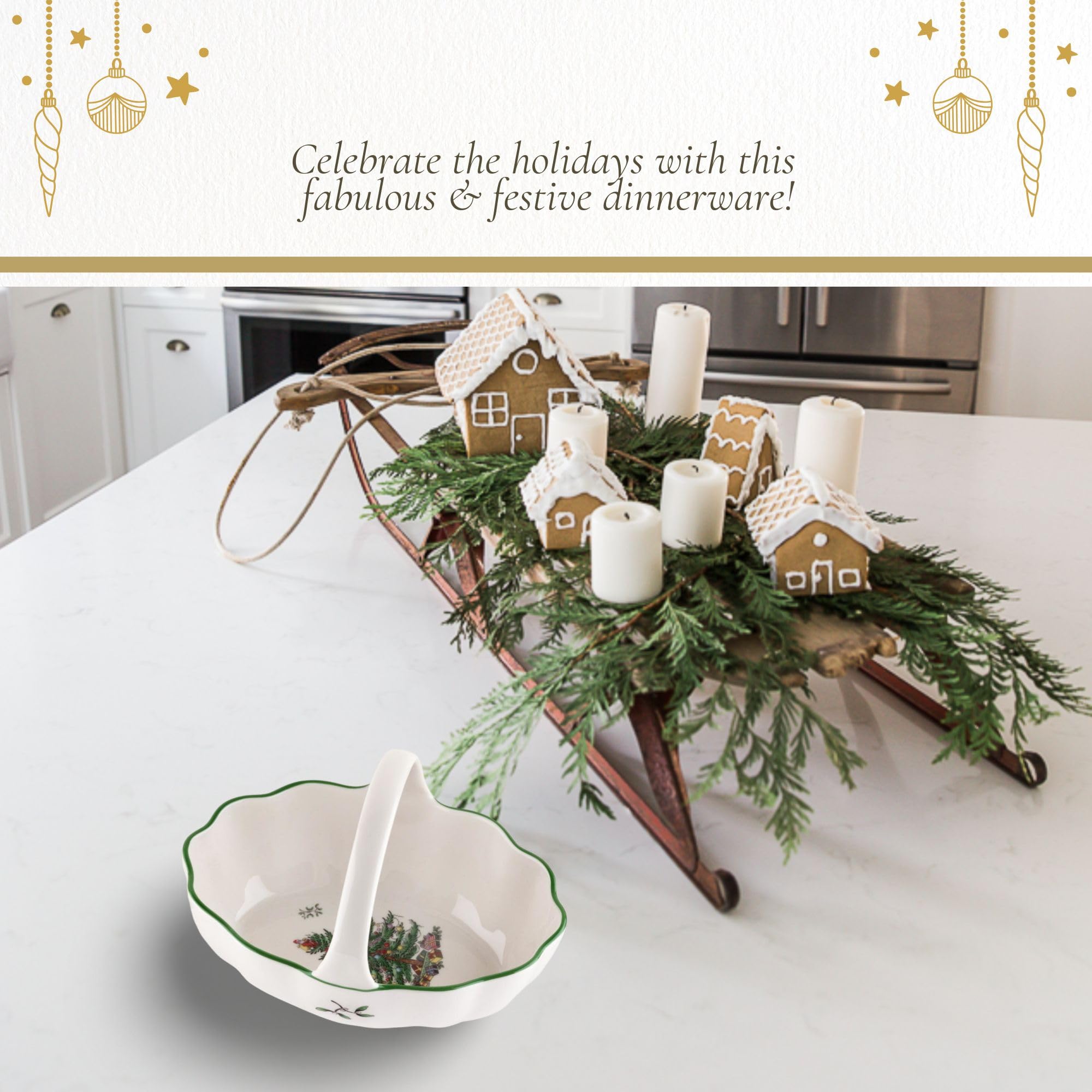 Spode Christmas Tree serving set displayed with dinnerware collection.