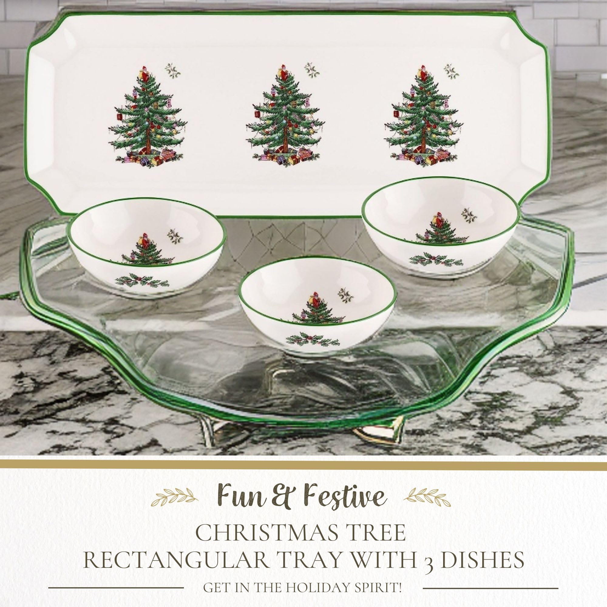 Spode Christmas Tree dipping bowls complement the tray for sauces and toppings.