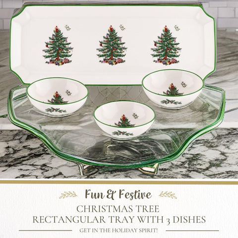 Spode Christmas Tree dipping bowls complement the tray for sauces and toppings.