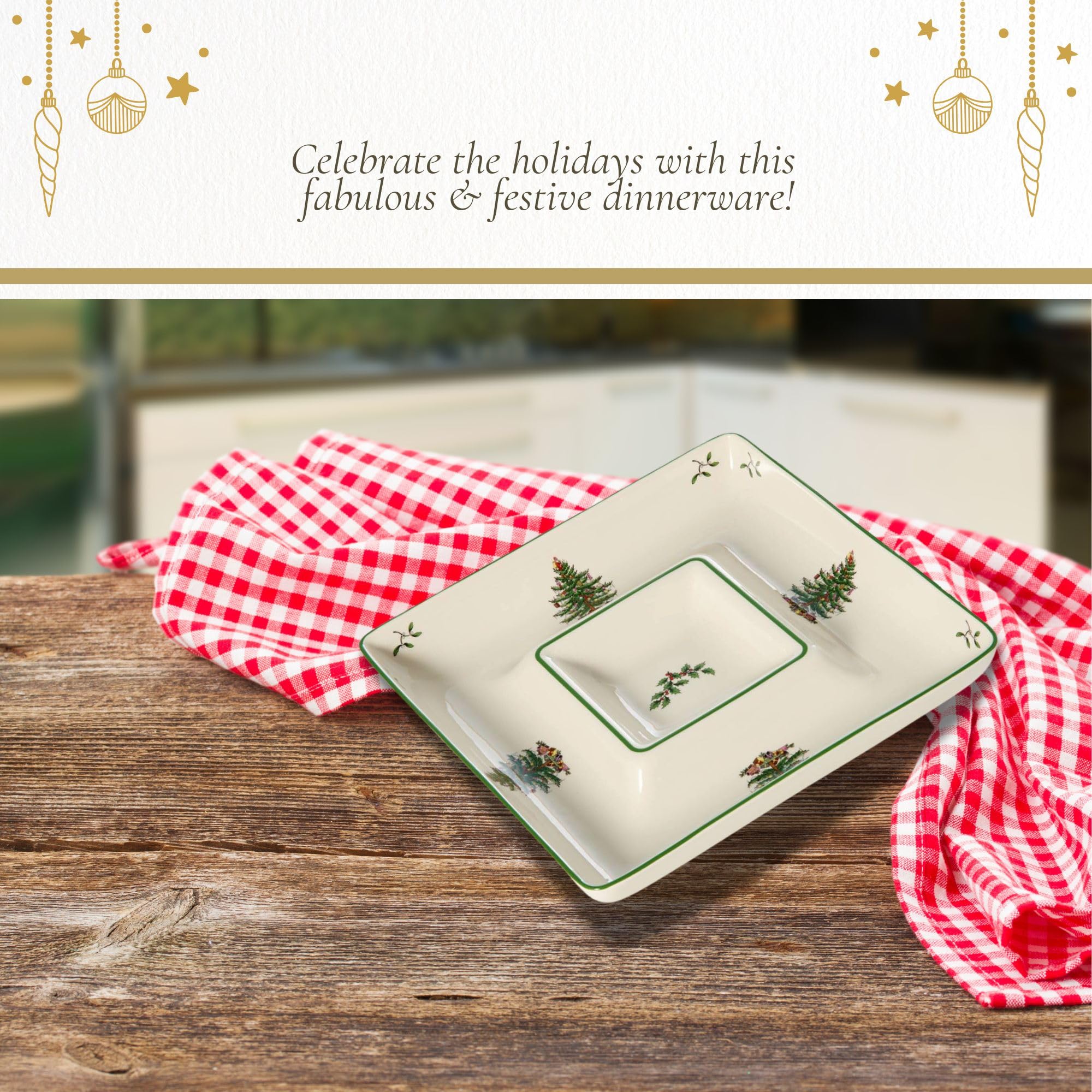 Spode Christmas Tree platter suited for indoor and outdoor gatherings.