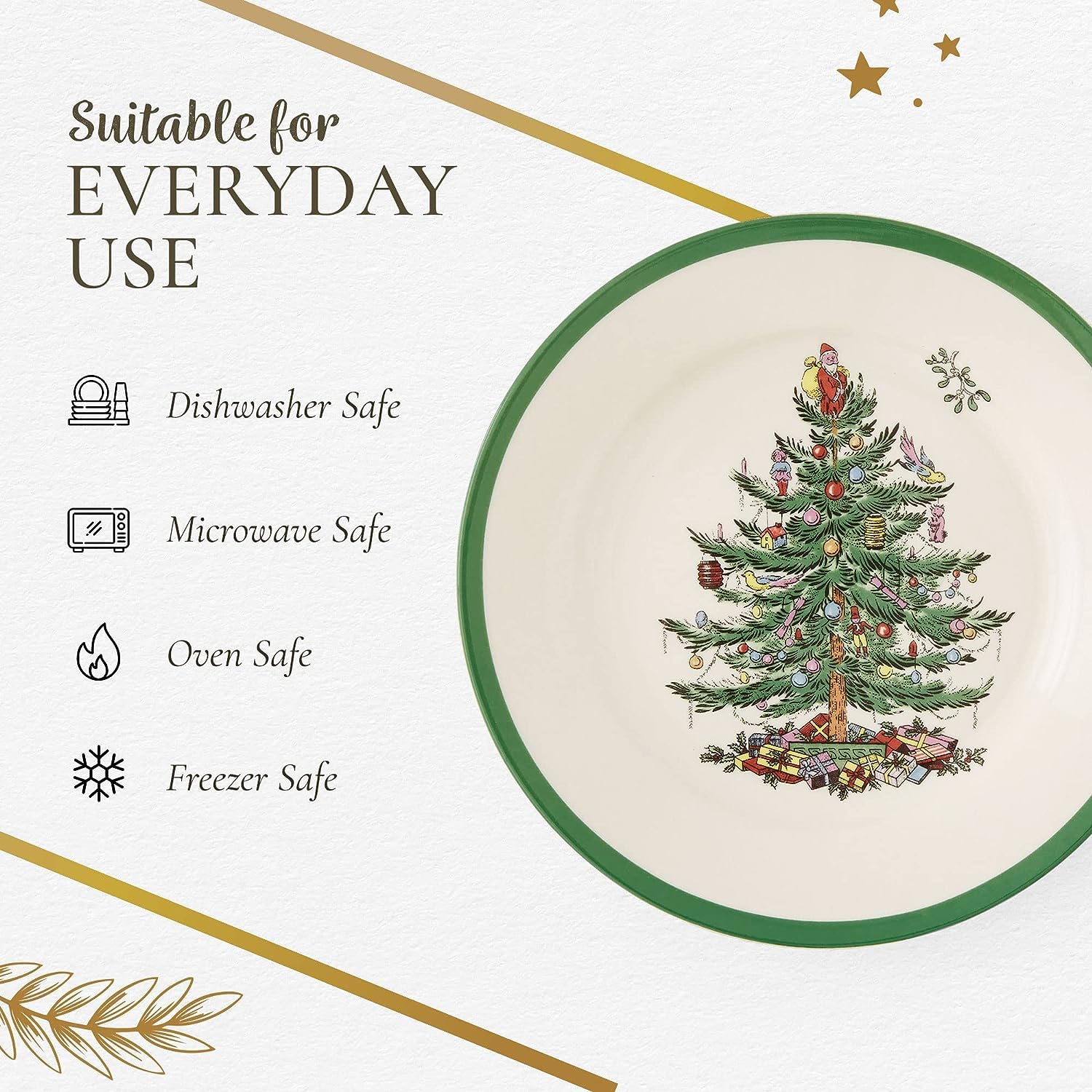 Spode Christmas Tree salad plates paired with cheeses and fruit for elegant entertaining.