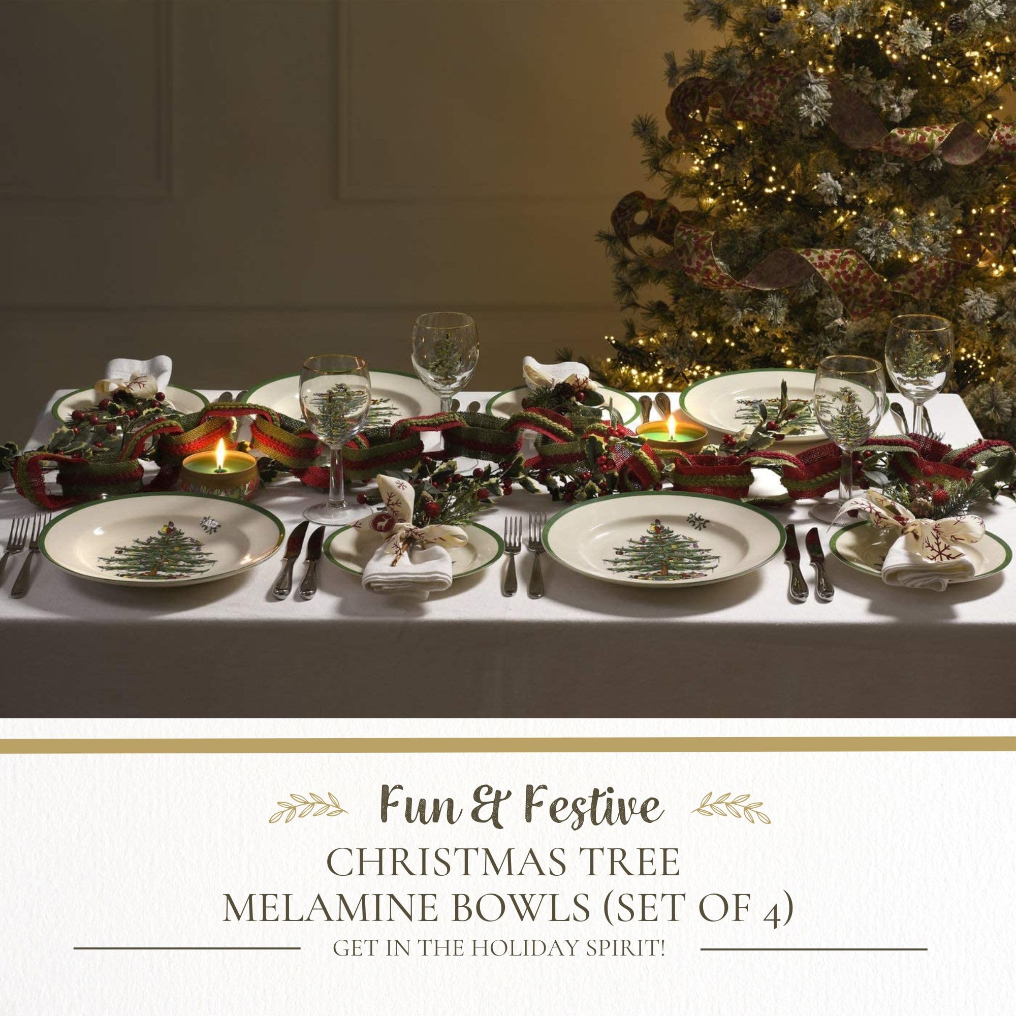 Spode Christmas Tree melamine bowls, side view for dining, safe for kids and easy cleanup.