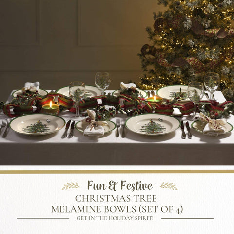 Spode Christmas Tree melamine bowls, side view for dining, safe for kids and easy cleanup.