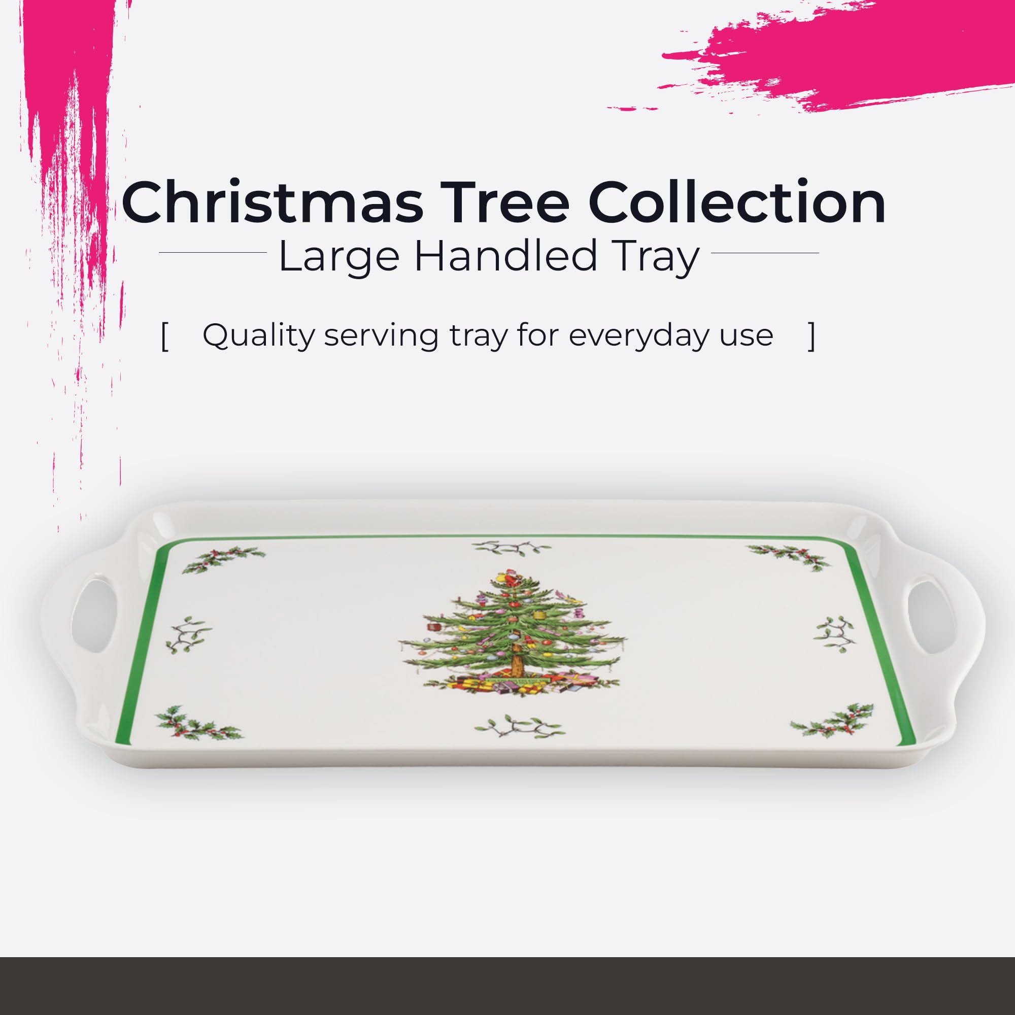 Spode Christmas Tree melamine tray with appetizers ready to serve.